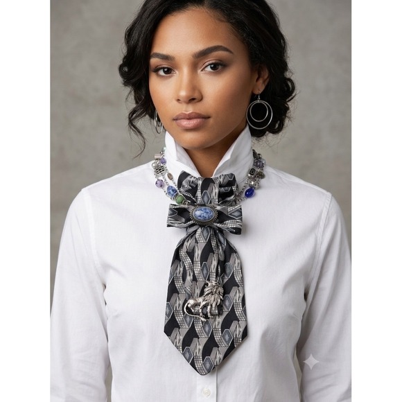 Franck Michel Italy Jewelry - Franck Michel Italy Silk Tie Necklace Lion Brooch & Hoop Earrings Set Maximalist